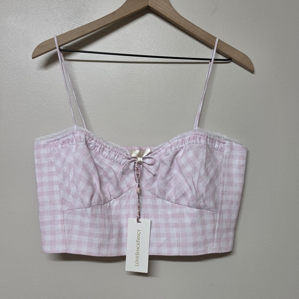 LoveShackFancy Amorana Angel Top Pink Gingham Linen Crop Cami‎ NWT Size 12 $245 - Picture 3 of 10